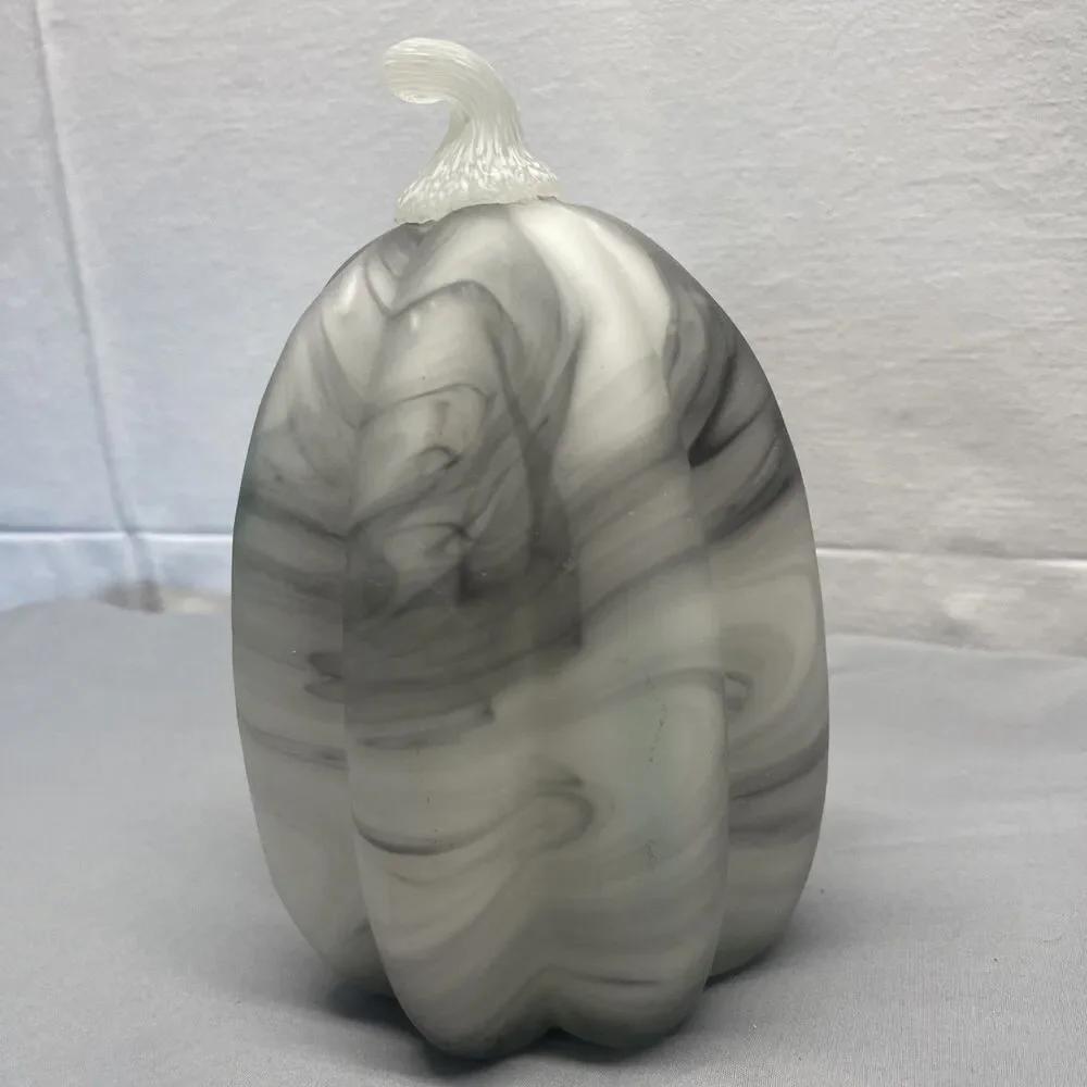 Hand Blown Glass Gray & White Large Gourd Pumpkin Fall Autumn Halloween Heavy
